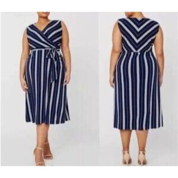 Catherines Black Label Navy Blue Striped Midi Dress w/Tie Size 1X Plus Size - Picture 1 of 5